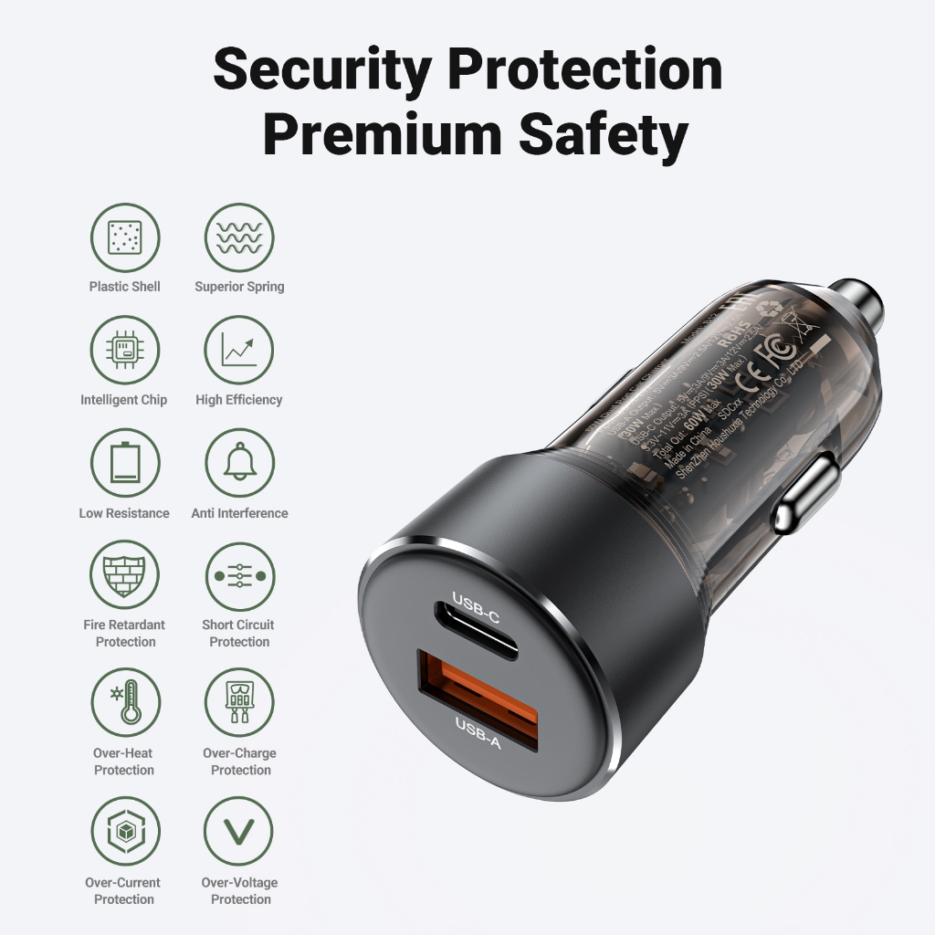 Tẩu sạc ô tô ACEFAST B12 công suất 60W có 2 cổng USB-A và Type-C sạc nhanh cho điện thoại