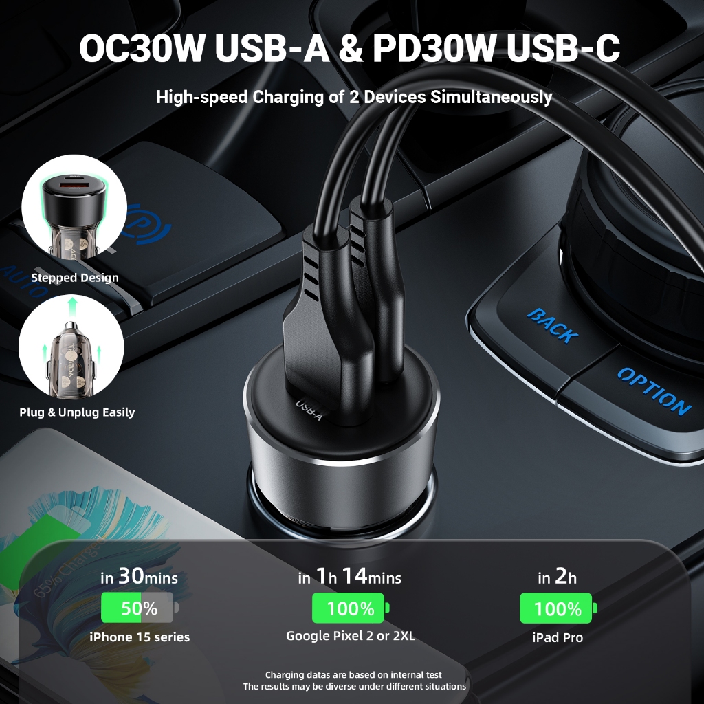 Tẩu sạc ô tô ACEFAST B12 công suất 60W có 2 cổng USB-A và Type-C sạc nhanh cho điện thoại