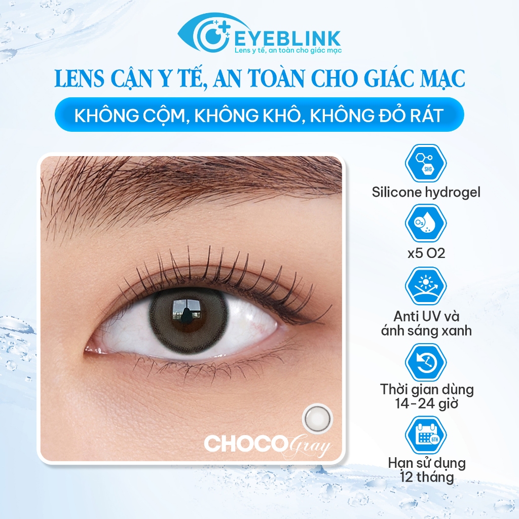 Kính áp tròng  màu đặc biệt Choco Gray chất liệu Silicon Hydrogel thời gian đeo 14h-24h hạn dùng 12 tháng Eyeblink