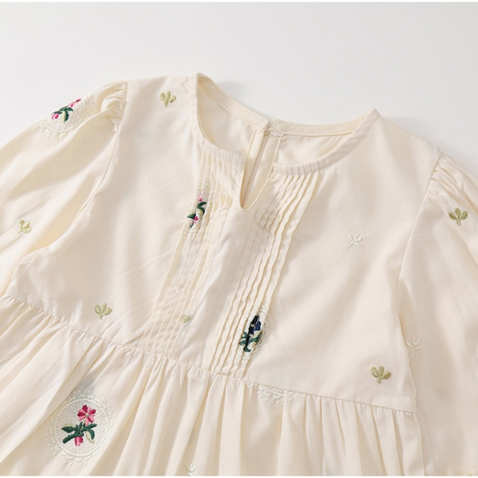 Váy Cho Bé Gái HANIA KIDS, Váy Babydoll Thêu Hoa Nhí Tay Bo Chất Liệu An Toàn Với Da Bé