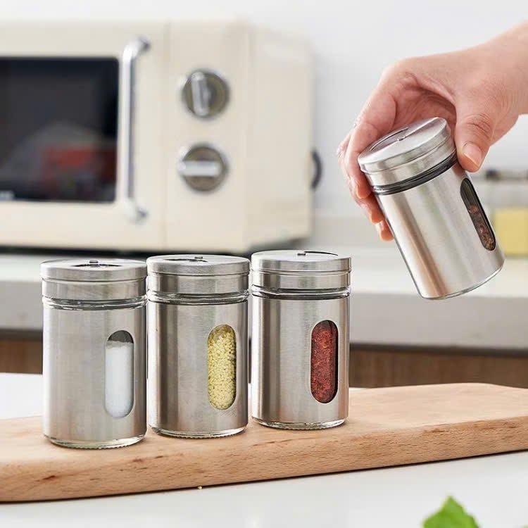 Hũ Rắc Tiêu, Đựng Tăm, Lọ Đựng Gia Vị Thủy Tinh Bọc Inox