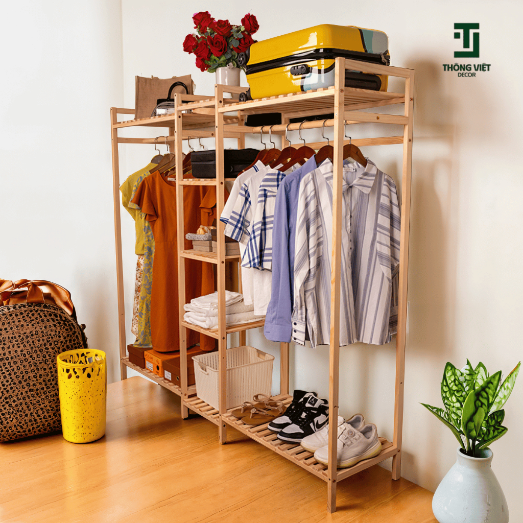 Tủ Treo Quần Áo Giá Treo 3 Ngăn Gỗ Thông Tự Nhiên, Kệ Gỗ Vuông Treo Đồ Chắc Chắn Chịu Lực Tốt
