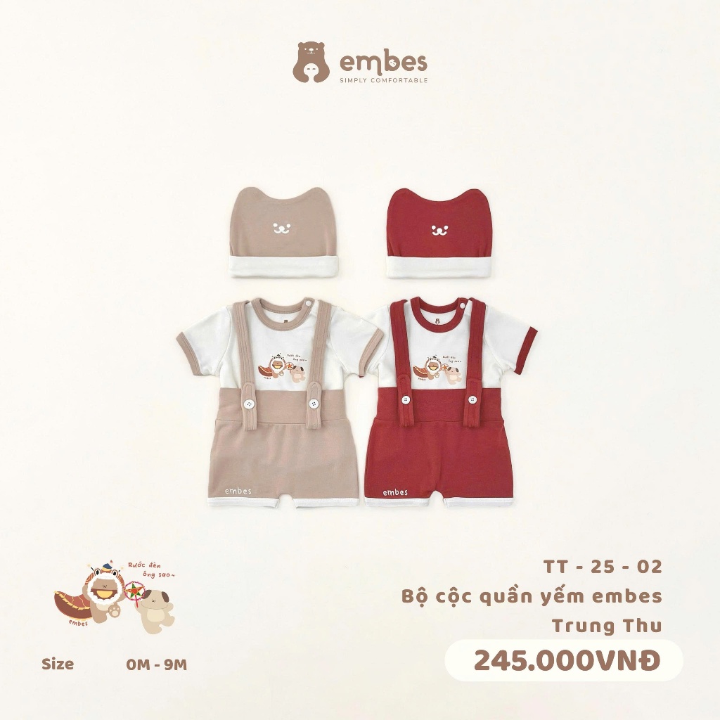 Bộ Yếm Sơ Sinh Embes, Bộ Cộc Tay Phối Quần Yếm In Họa Tiết Hình In Dễ Thương Cho Bé Từ 0-9 Tháng