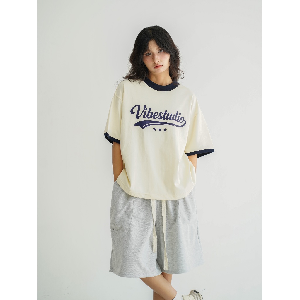 Áo Thun Phối Tay Local Brand VIBESTU " Kingdom & Vibestudio ", Áo Thun Boxy Form Rộng Unisex 250Gsm 100% Cotton