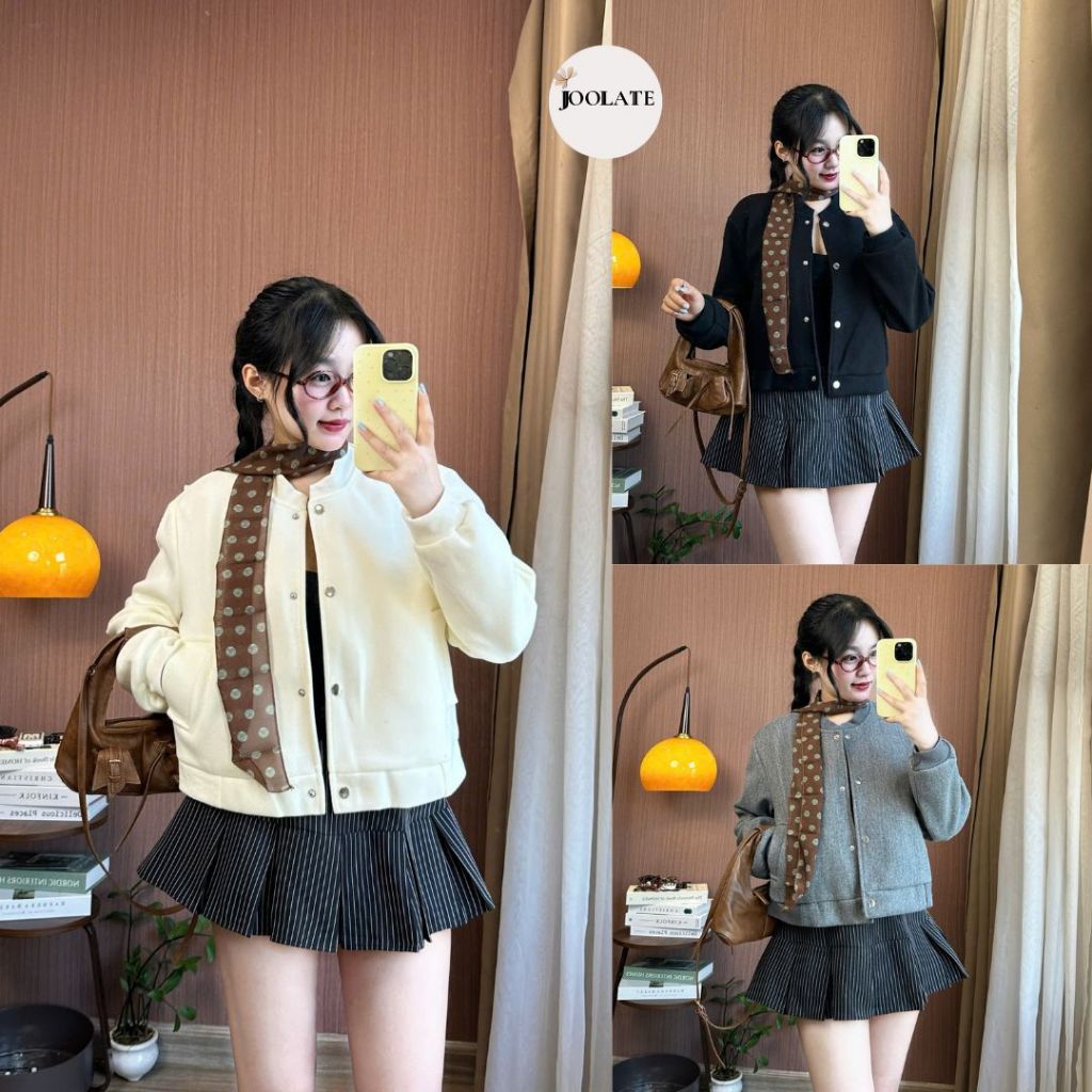 Áo Khoác Bomber Nữ Dáng Ngắn Chất Dạ Ép Joolate Cúc Bấm Phong Cách Hàn Quốc 336 p7k4