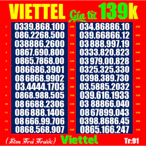 SIM SỐ ĐẸP viettel Tr91,91a,92,92a- Dễ Nhớ, Phong Thuỷ, Cặp gánh, nhiều người yêu thích