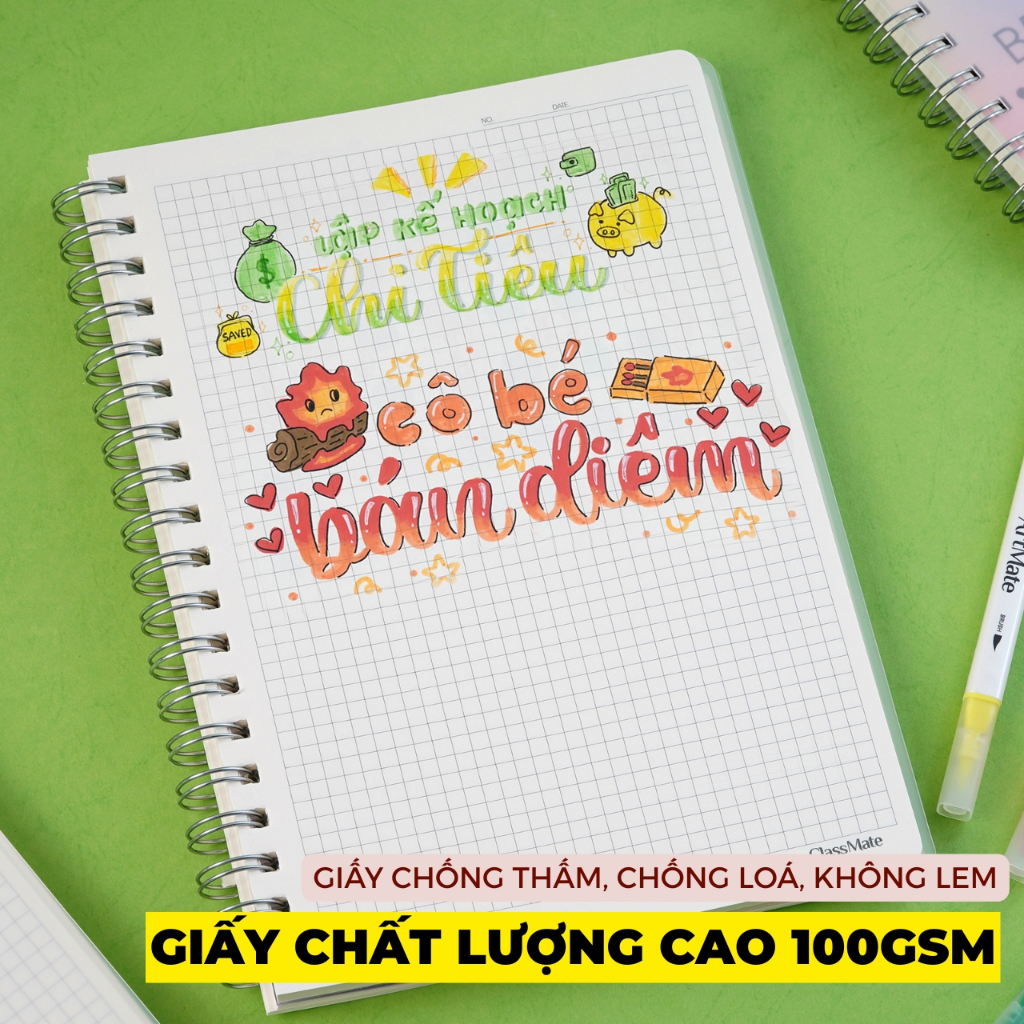 Sổ Lò Xo 100GSM ClassMate Sổ Tay Ghi Chép 200 Trang Bìa Nhựa A5 B5 70GSM Kẻ Ngang Caro Dot Grid Viết Bài Takenote