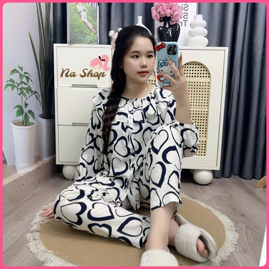 Đồ bộ tole lanh Quần 9 tất Áo cổ bèo Tay dài, chất liệu mềm mát mịn Dễ mặc ở nhà Nữ 40-65kg
