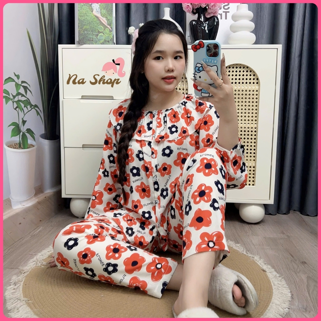 Đồ bộ tole lanh Quần 9 tất Áo cổ bèo Tay dài, chất liệu mềm mát mịn Dễ mặc ở nhà Nữ 40-65kg