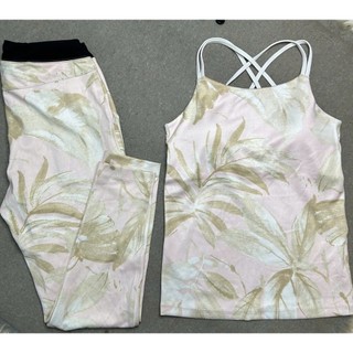 Set đồ tập yogo,gym cho nữ áo dây chéo lưng kết hợp quần legging họa tiết lá nhiệt đới áo có sẵn đệm mút hàng VNXK
