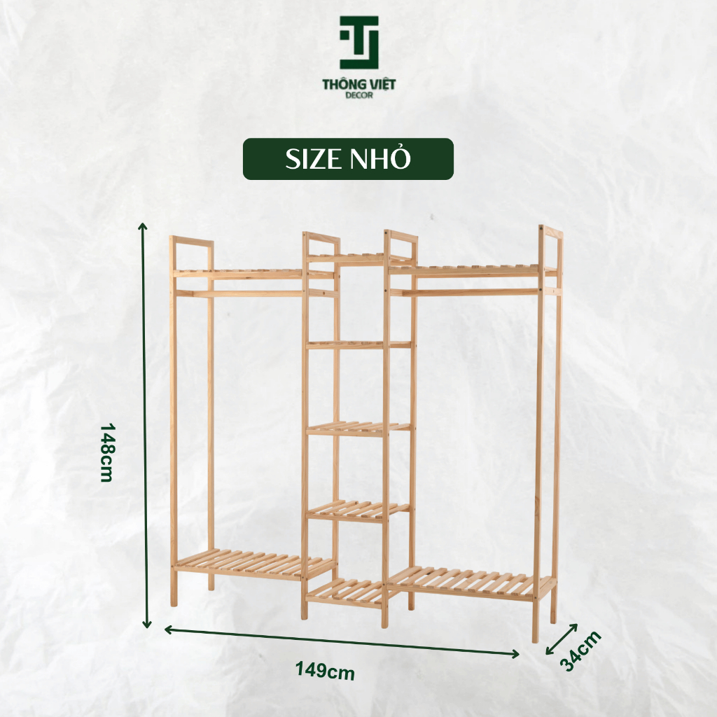 Tủ Treo Quần Áo Giá Treo 3 Ngăn Gỗ Thông Tự Nhiên, Kệ Gỗ Vuông Treo Đồ Chắc Chắn Chịu Lực Tốt