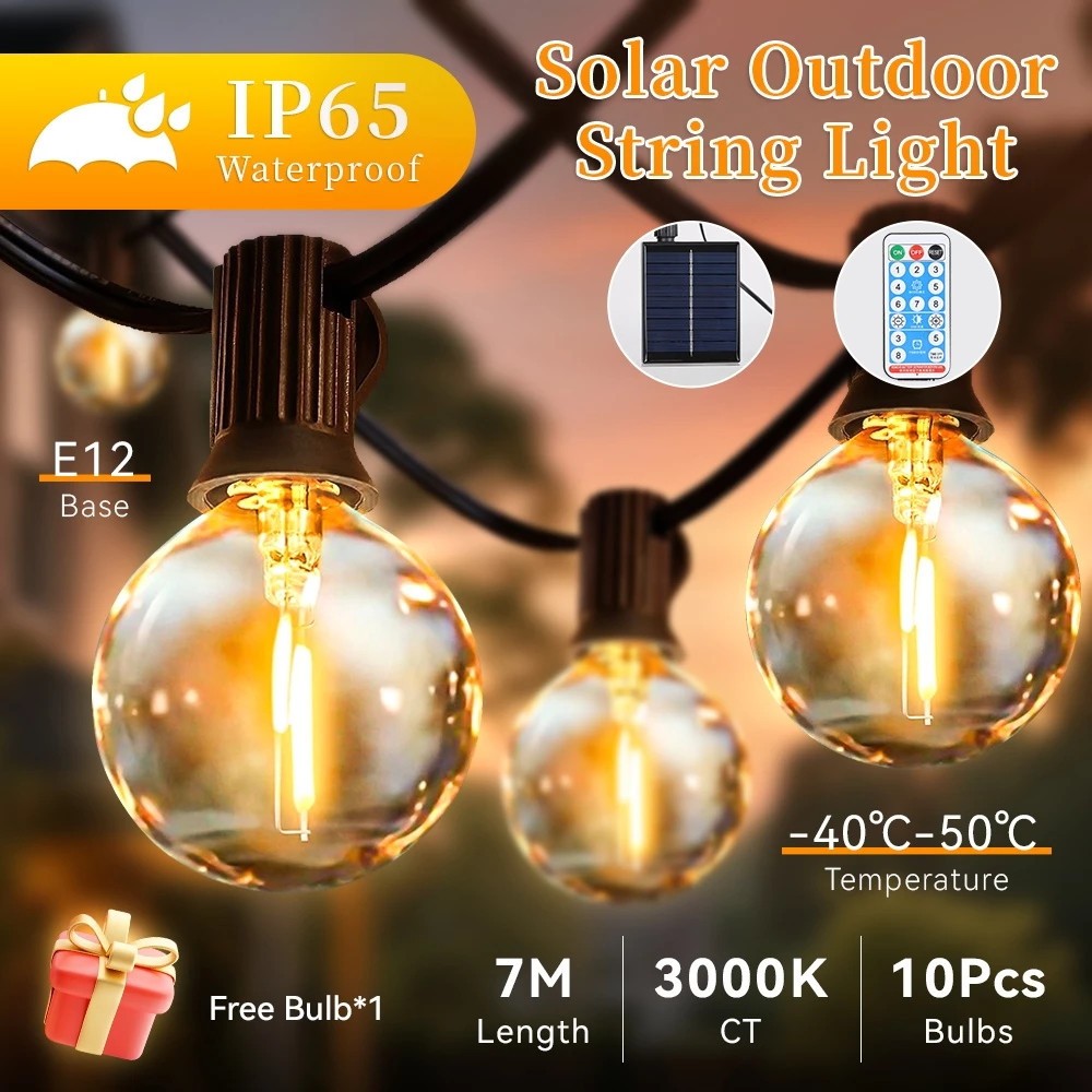 Đèn dây LED G40 Năng Lượng Mặt Trời-8 Chức Năng Điều Khiển-Trang Trí Tiệc Ngoài Trời, Sân Vườn
