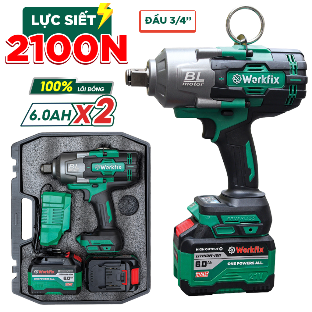 Máy Siết Bulong Workfix WF-IW2100PRO 2100Nm siêu khỏe, máy siết ốc đầu 3/4  15CELL mở vặn ốc xe tải, ô Tô