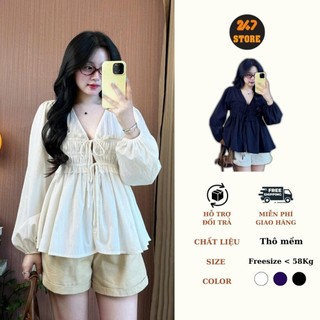 Áo Babydoll Nữ Cổ V Tay Bồng Bo Chun  Eo Nhún Điệu Đà 247store Áo Đi Làm Back To School Aobabydoll02