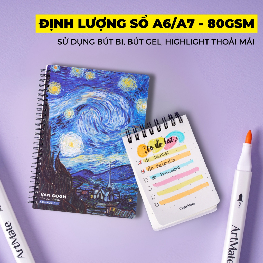 [Tặng 1 Bút] Sổ Tay Ghi Chép 100GSM Van Gogh Sổ Lò Xo Dòng Kẻ Chấm Dot Grid 160 Trang, Sổ Ghi chép Classmate B5 A5 A6 A7