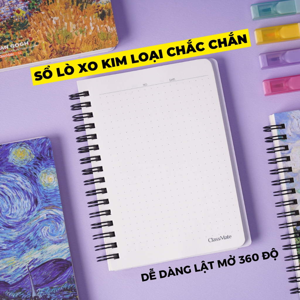 [Tặng 1 Bút] Sổ Tay Ghi Chép 100GSM Van Gogh Sổ Lò Xo Dòng Kẻ Chấm Dot Grid 160 Trang, Sổ Ghi chép Classmate B5 A5 A6 A7