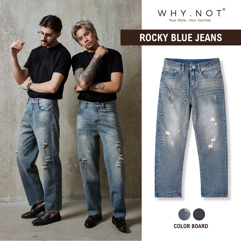 [CÓ BIGSIZE] -  Quần Jeans Nam WHY.NOT ROCKY BLUE Jean Ống Suông Rộng Form Regular Fit Màu Xanh, Ghi