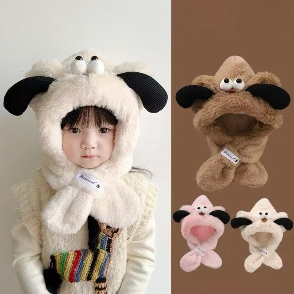 Mũ thú bông trùm đầu liền khăn cho bé - giữ ấm mùa đông tai cún siêu dễ thương