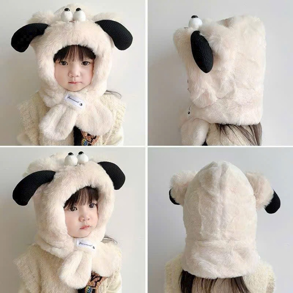 Mũ thú bông trùm đầu liền khăn cho bé - giữ ấm mùa đông tai cún siêu dễ thương