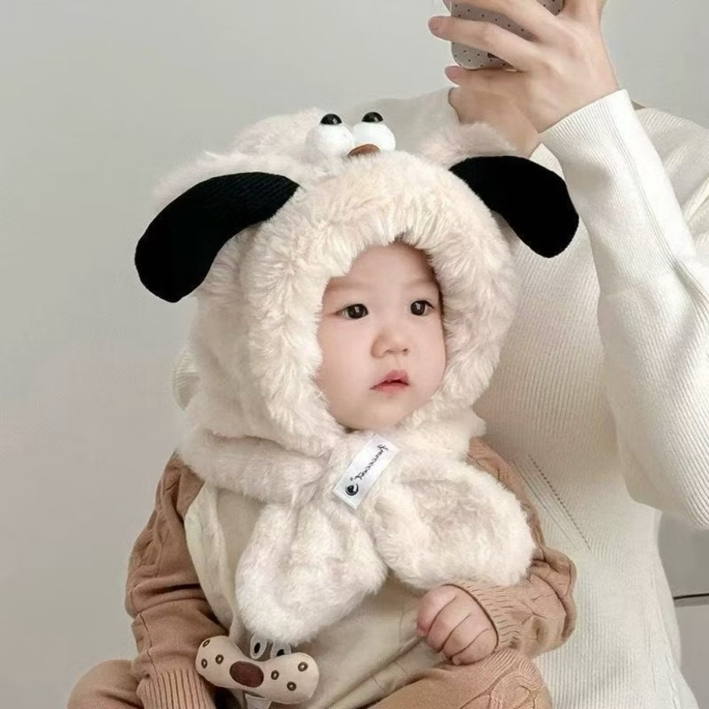 Mũ thú bông trùm đầu liền khăn cho bé - giữ ấm mùa đông tai cún siêu dễ thương