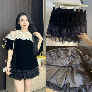 Chân váy nhung the ren 3 tầng cạp chun
