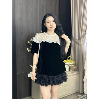 Chân váy nhung the ren 3 tầng cạp chun