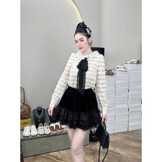 Chân váy nhung the ren 3 tầng cạp chun