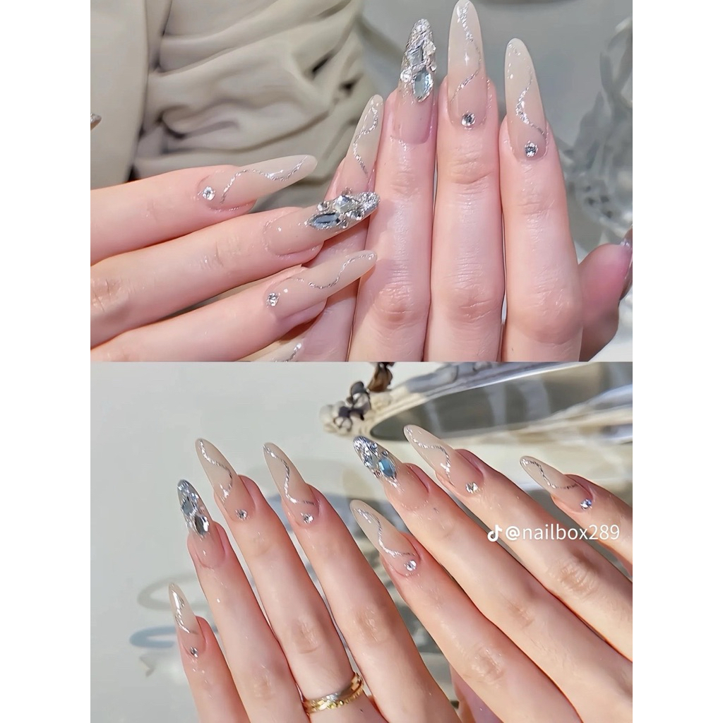 Nailbox nail thiết kế ,mẫu thạch hồng phối đá tiểu thư (ib để được hỗ trợ đo size)