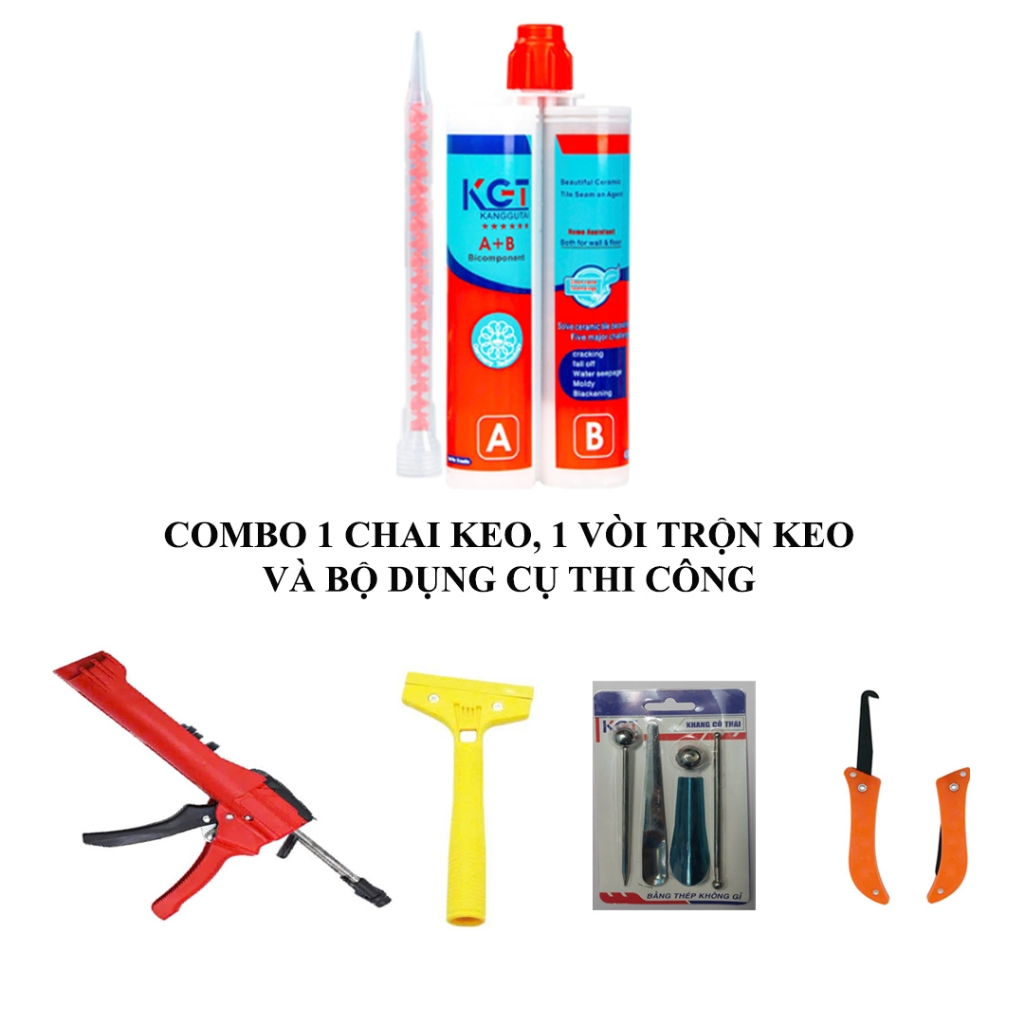 [Chính hãng KGT] Combo 1 Keo chà ron Epoxy 2 Thành Phần (Chống thấm, Chống bẩn) và Bộ dụng cụ 5 món