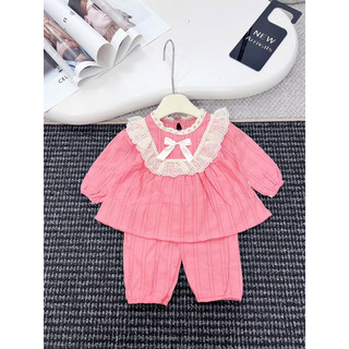 Bộ quần áo dài tay bé gái, set thu đông babydoll cổ vuông ren gắn nơ và quần dài cạp chun bo gấu siêu xinh