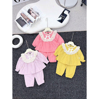 Bộ quần áo dài tay bé gái, set thu đông babydoll cổ vuông ren gắn nơ và quần dài cạp chun bo gấu siêu xinh