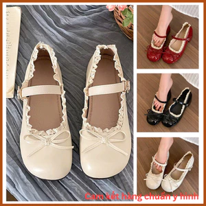 Giày búp bê mũi tròn mix ren nơ nhỏ tiểu thư , Giày bale phong cách nàng thơ cho nữ (V0420)