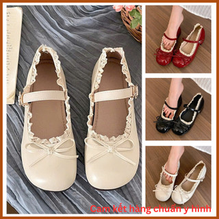 Giày búp bê mũi tròn mix ren nơ nhỏ tiểu thư , Giày bale phong cách nàng thơ cho nữ  (V0420)
