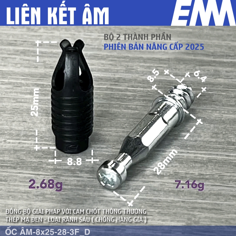 Ốc Âm_8x25-28-3F, túi 100, 500 liên kết ốc âm, liên kết không lộ - EMA