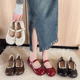 Giày búp bê mũi tròn mix ren nơ nhỏ tiểu thư , Giày bale phong cách nàng thơ cho nữ  (V0420)