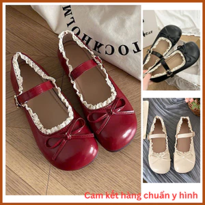 Giày búp bê lolita Misa mũi tròn phối nơ viền ren chất liệu da bóng mẫu mới QC420