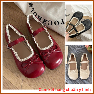 Giày búp bê lolita Misa mũi tròn phối nơ viền ren chất liệu da bóng mẫu mới QC420