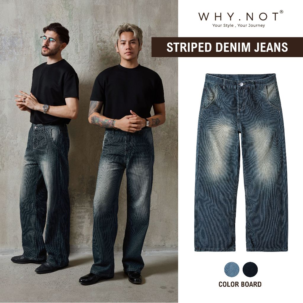 [WHY.NOT x SALIM] STRIPED DENIM Jean- Quần Jeans Nam Nữ Kẻ Sọc Túi Chéo Ống Suông Rộng Phủ Giày