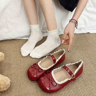 Giày búp bê lolita Misa mũi tròn phối nơ viền ren chất liệu da bóng mẫu mới QC420