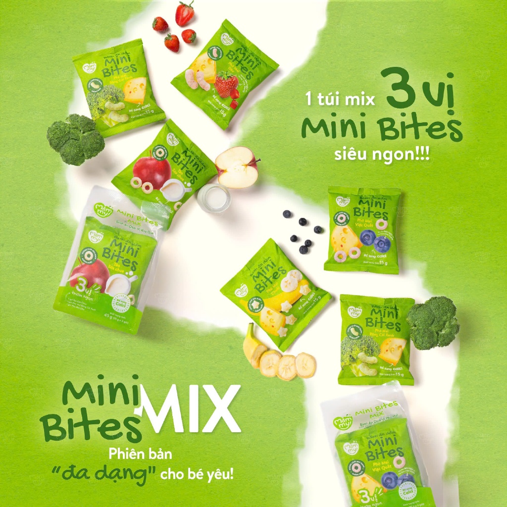 Combo 5 Bánh Ăn Dặm Mini Bites Mămmy bổ sung canxi hỗ trợ tập nhai cho bé từ 6 tháng gói 15g
