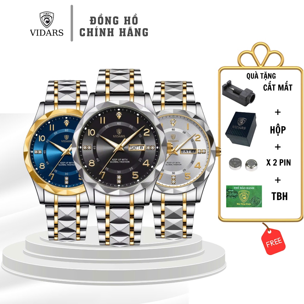 Đồng Hồ Nam VIDARS Dây Thép Mặt Tròn Số Cách Điệu Vòng Xoay Thời Gian Có Bộ Lich Thứ Ngày Chống Nước 3ATM