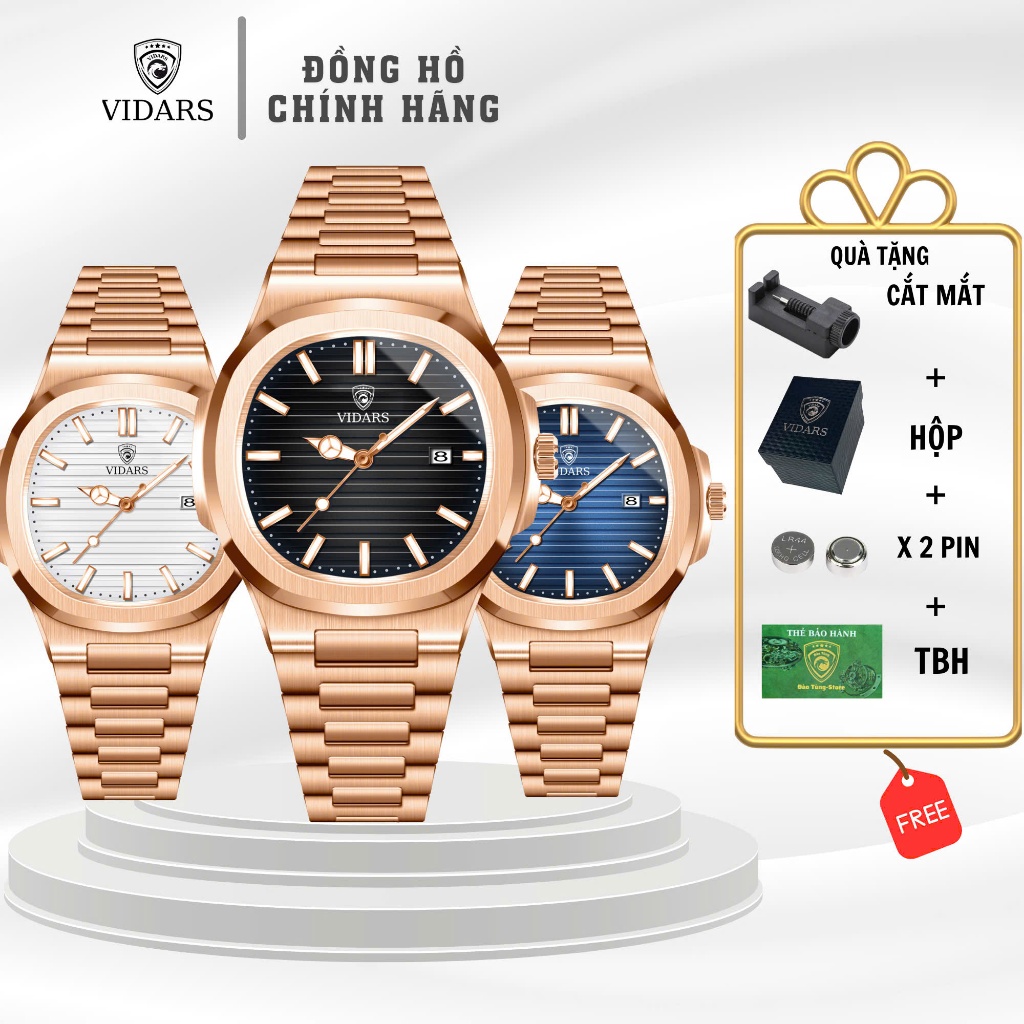 Đồng Hồ Nam VIDARS Tàu Ngầm Dây Thép Bản Nấng Cấp Có Lịch Ngày Mặt Vuông Tròn Bo Góc Chống Nước 3ATM