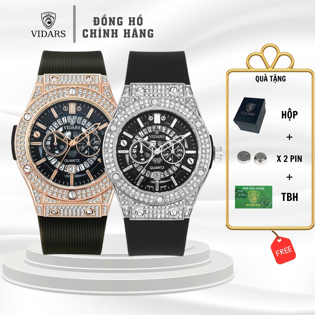 Đồng Hồ Nam VIDARS Full Đá Mặt Số Đa Chức Năng Dây Silicone Có Bộ Lịch Ngày Chống Nước 3ATM Đeo Tay