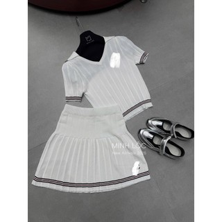 Set Bộ Nữ Áo Len Mongtoghi Ngắn Tay Kèm Chân Váy Xếp Ly QCCC Cao Cấp