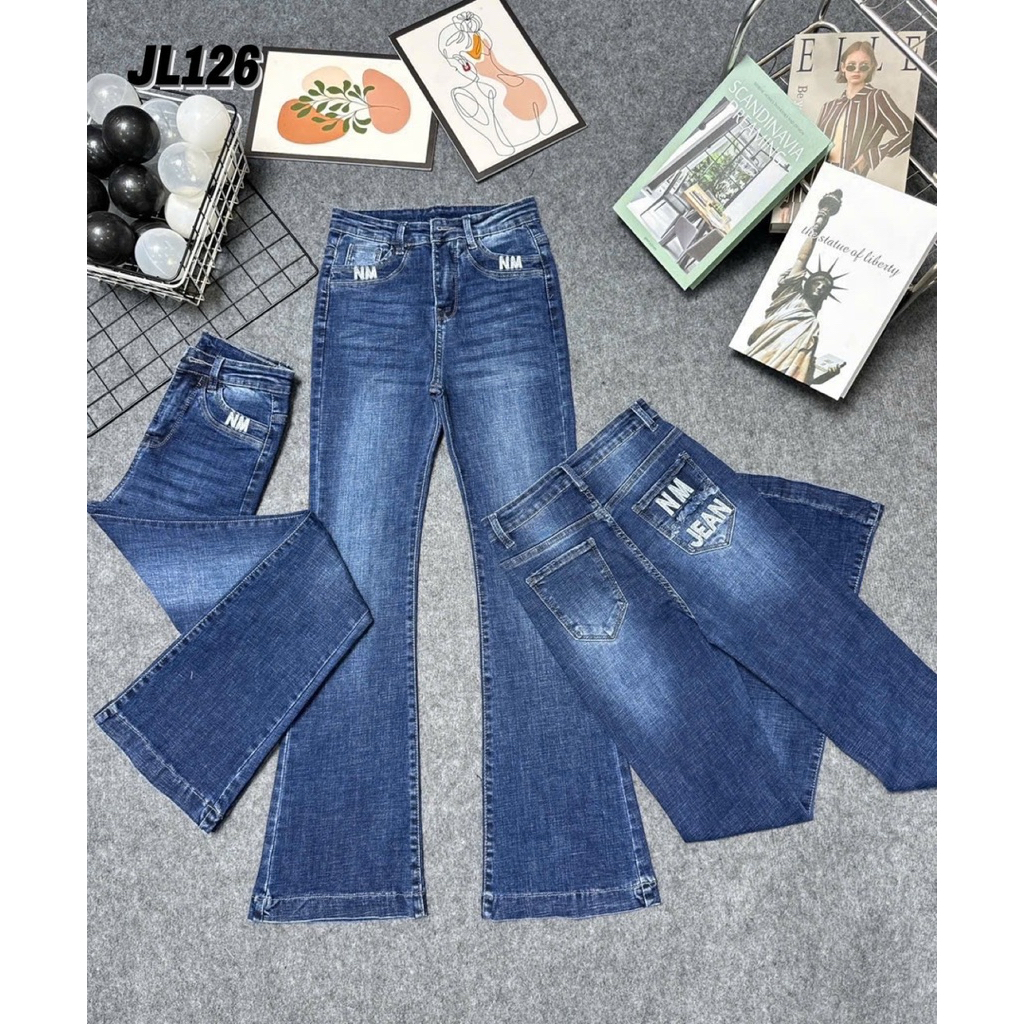 Quần Jeans Nữ Thêu Túi Lưng Cao Co Giãn