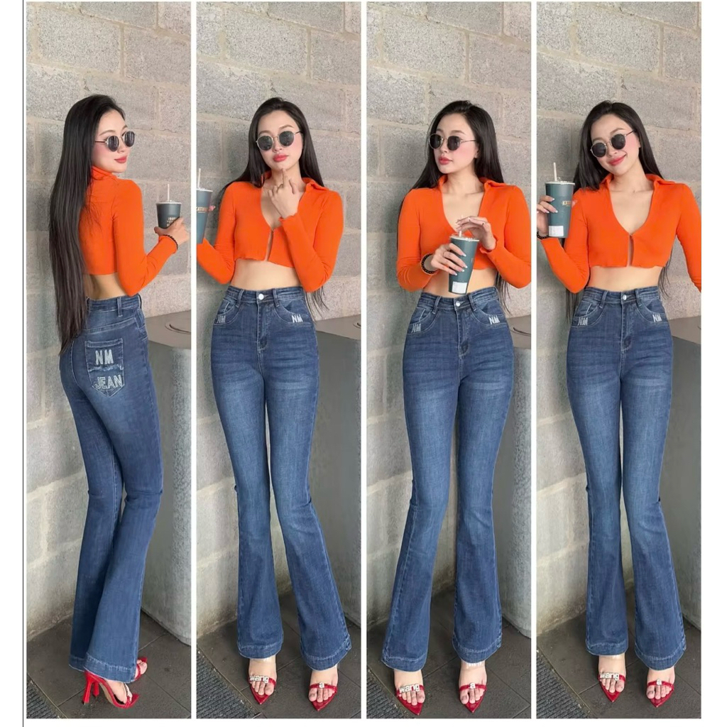 Quần Jeans Nữ Thêu Túi Lưng Cao Co Giãn