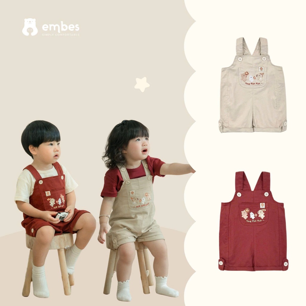 Yếm Kaki Cộc Embes, Yếm Cộc Họa Tiết Hình Thêu Chất Kaki Mềm Mại Cho Bé Trai Bé Gái Size Từ 8-18Kg
