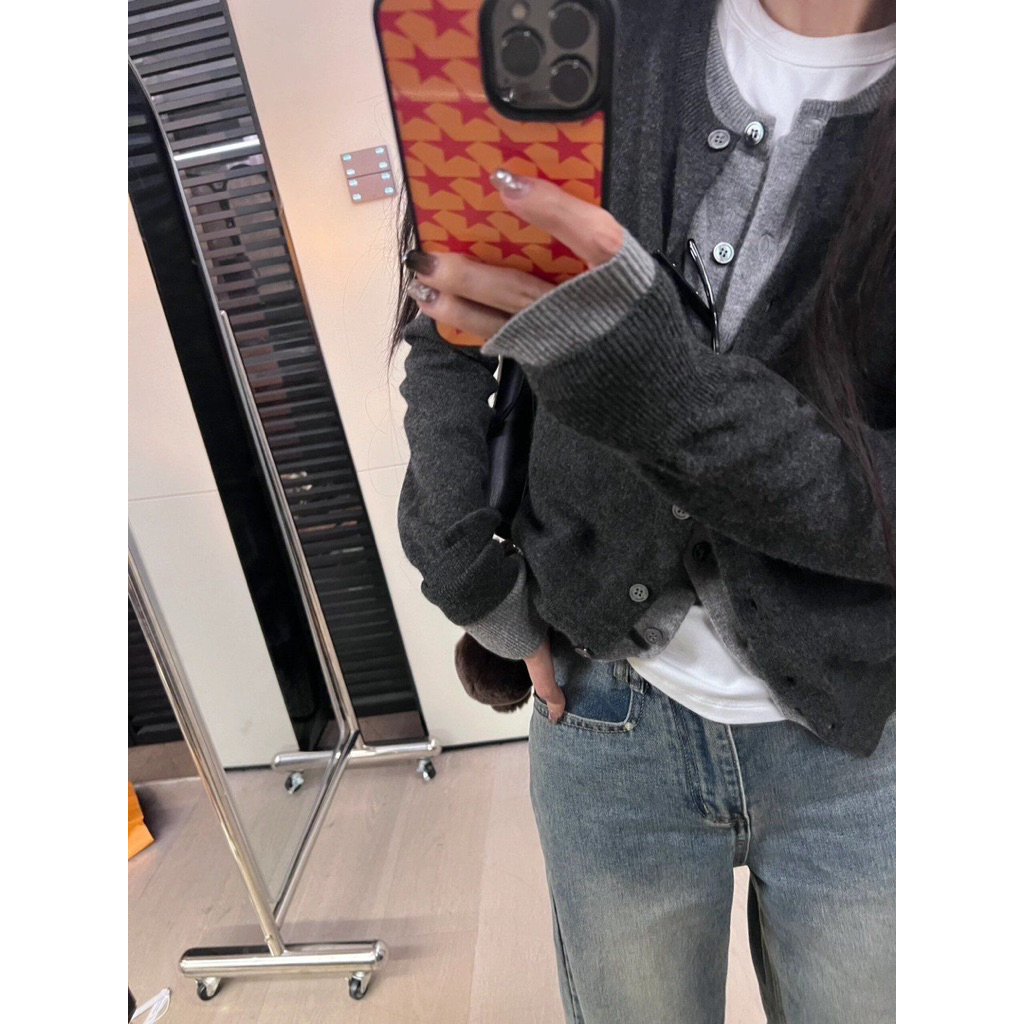 [539] Khoác cardigan len xám hai lớp cho nữ basic đơn giản dễ phối form dáng rộng thoải mái (may liền, ko kèm áo trắng) | BigBuy360 - bigbuy360.vn