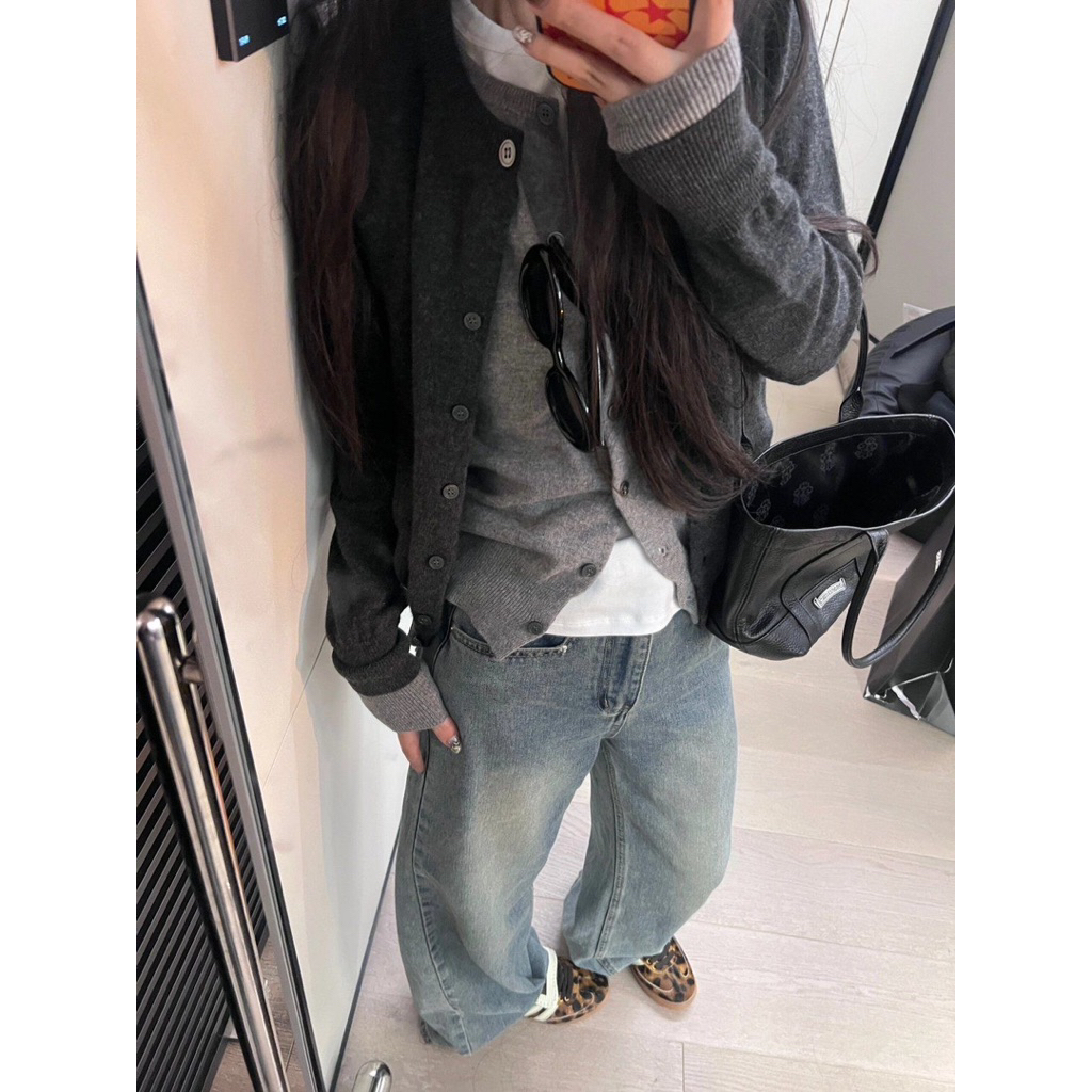[539] Khoác cardigan len xám hai lớp cho nữ basic đơn giản dễ phối form dáng rộng thoải mái (may liền, ko kèm áo trắng) | BigBuy360 - bigbuy360.vn