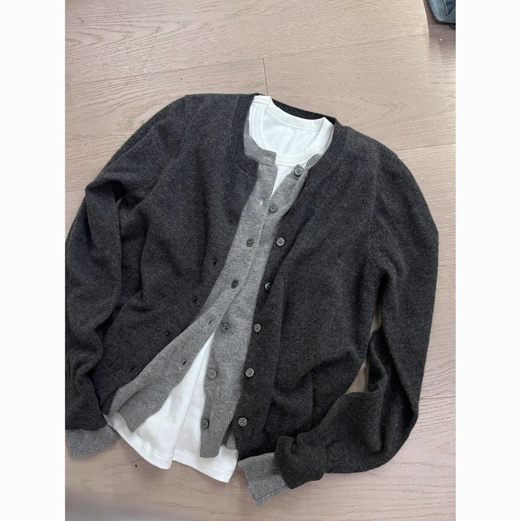 [539] Khoác cardigan len xám hai lớp cho nữ basic đơn giản dễ phối form dáng rộng thoải mái (may liền, ko kèm áo trắng) | BigBuy360 - bigbuy360.vn
